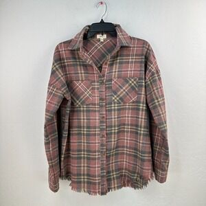 OTT Shirt Womens Small Pink Gray Plaid Western Button Up Long Sleeve Fringe Hem
